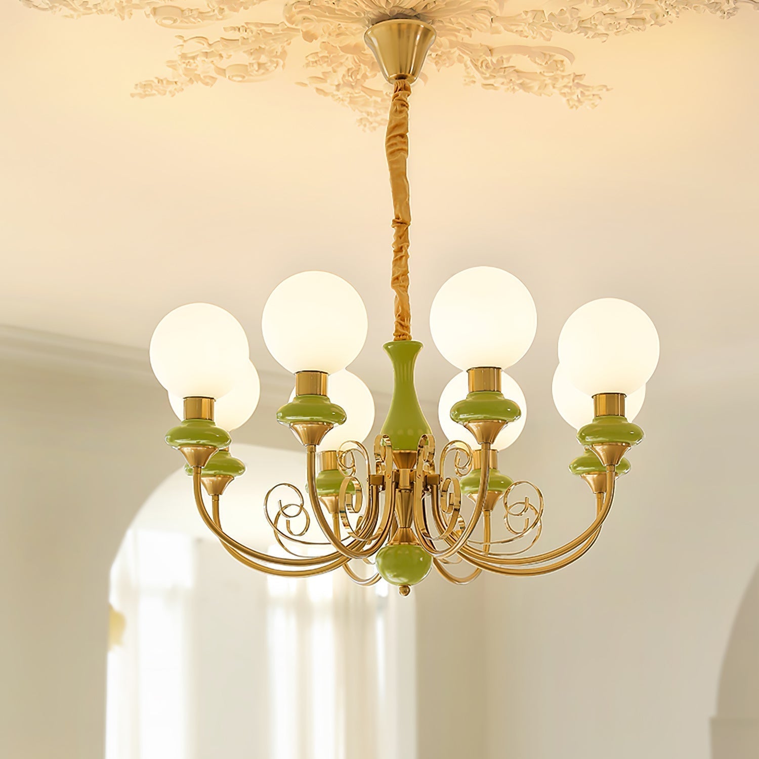 Lustra Chandelier Green Shades Gold Curved Arms - Neutral Decor