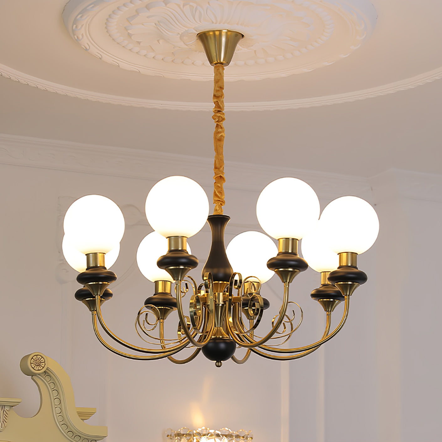 Lustra Chandelier Green Shades Gold Curved Arms - Neutral Decor