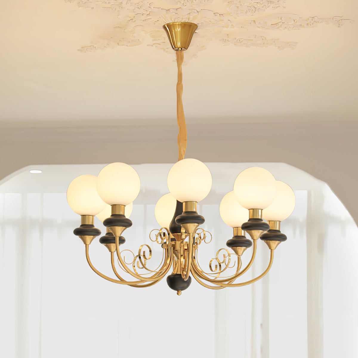 Aurorian Chandelier Green Shades Gold Curved Arms