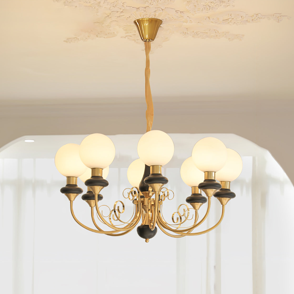 Lustra Chandelier Green Shades Gold Curved Arms - Neutral Decor