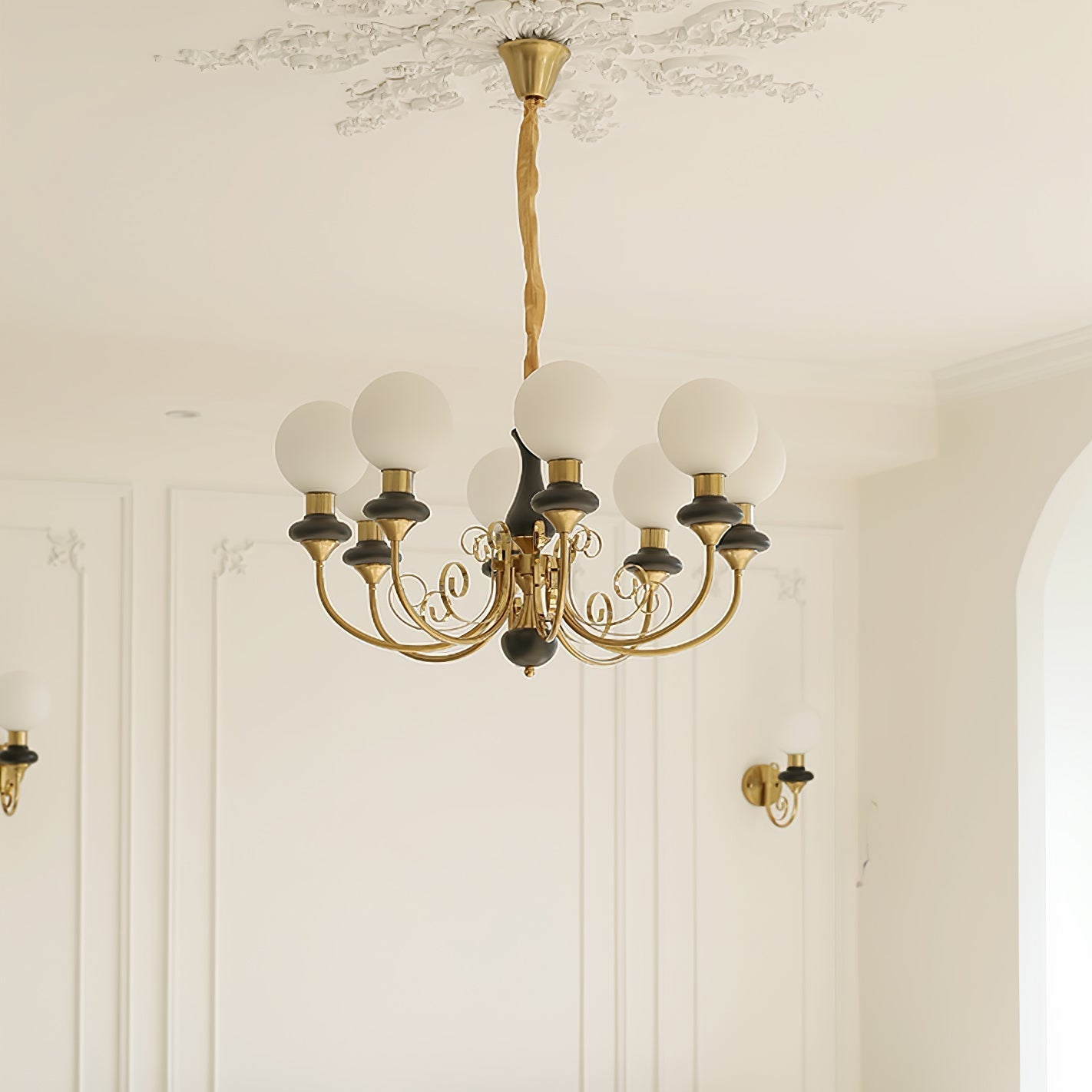 Lustra Chandelier Green Shades Gold Curved Arms - Neutral Decor