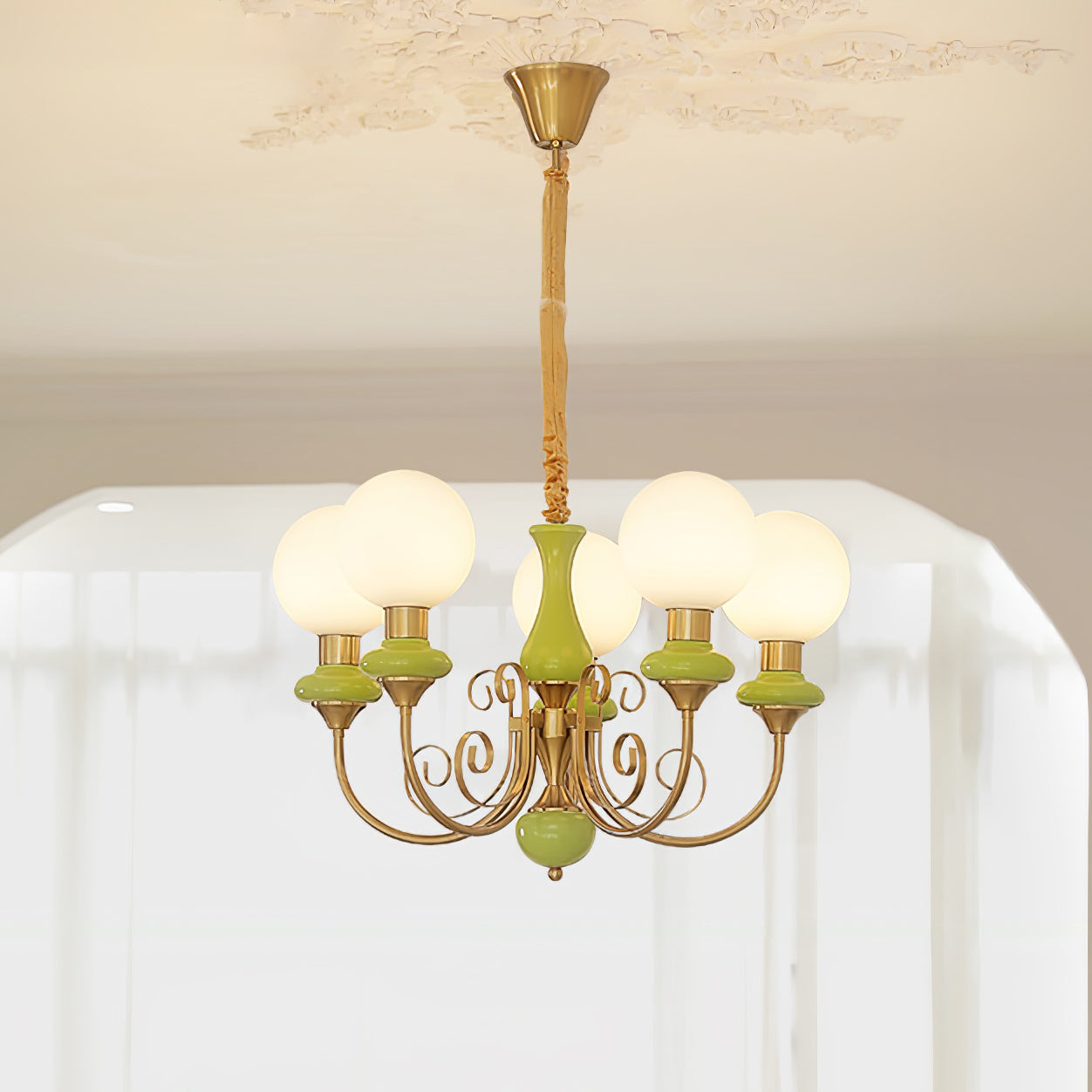 Lustra Chandelier Green Shades Gold Curved Arms - Neutral Decor