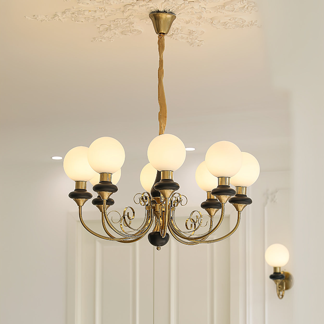 Lustra Chandelier Green Shades Gold Curved Arms - Neutral Decor