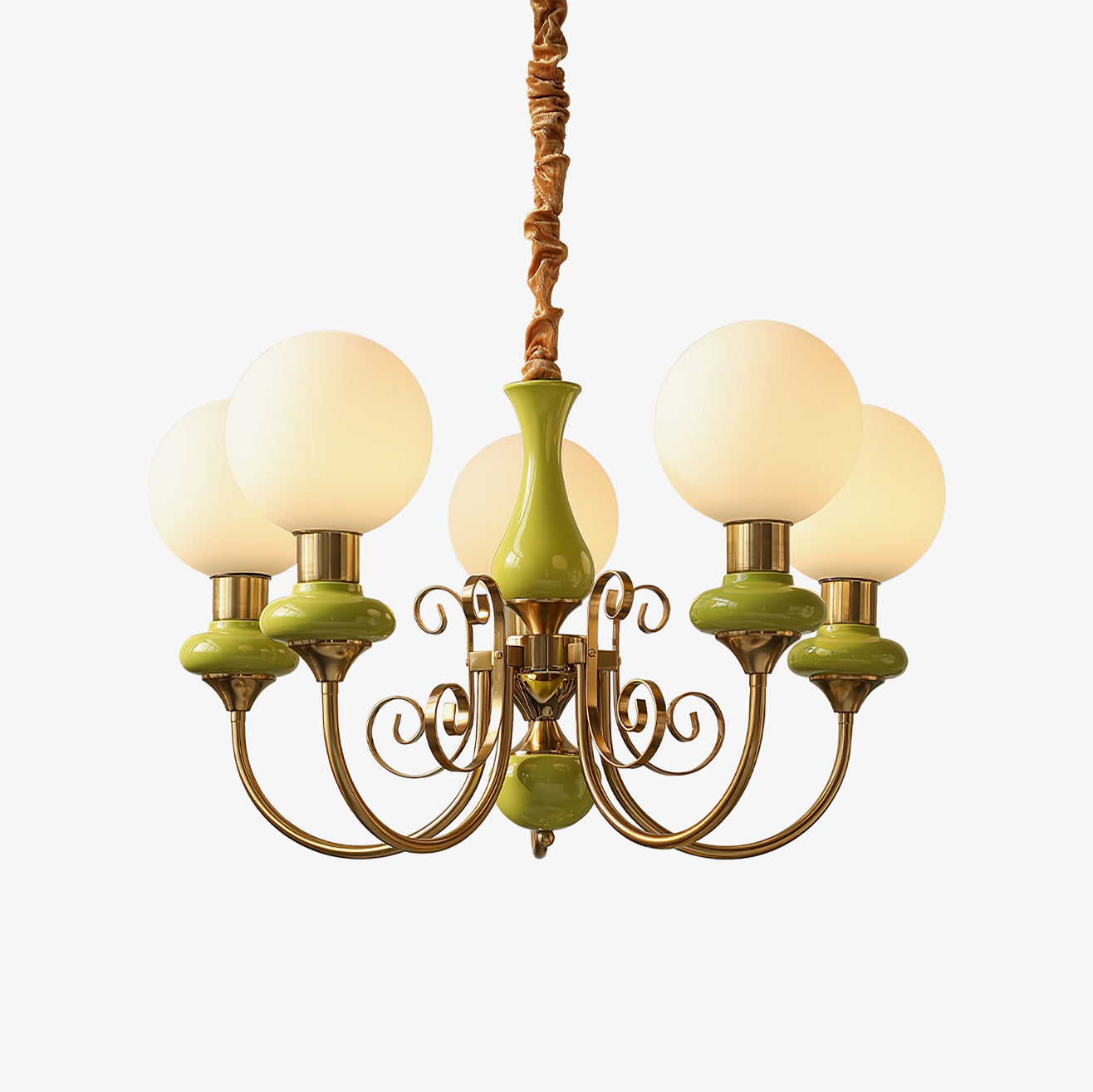 Lustra Chandelier Green Shades Gold Curved Arms - Neutral Decor