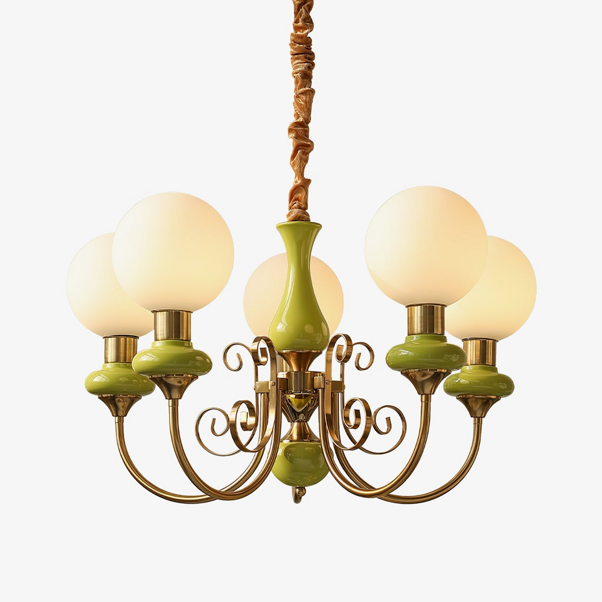 Aurorian Chandelier Green Shades Gold Curved Arms