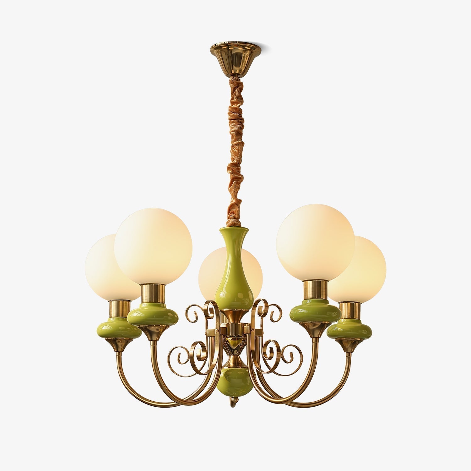 Lustra Chandelier Green Shades Gold Curved Arms - Neutral Decor