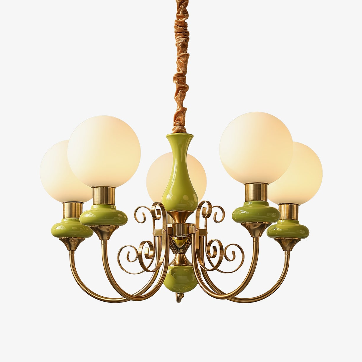 Lustra Chandelier Green Shades Gold Curved Arms - Neutral Decor