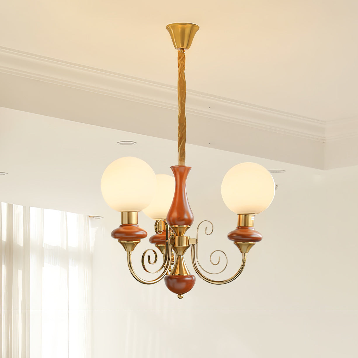 Lustra Chandelier Green Shades Gold Curved Arms - Neutral Decor