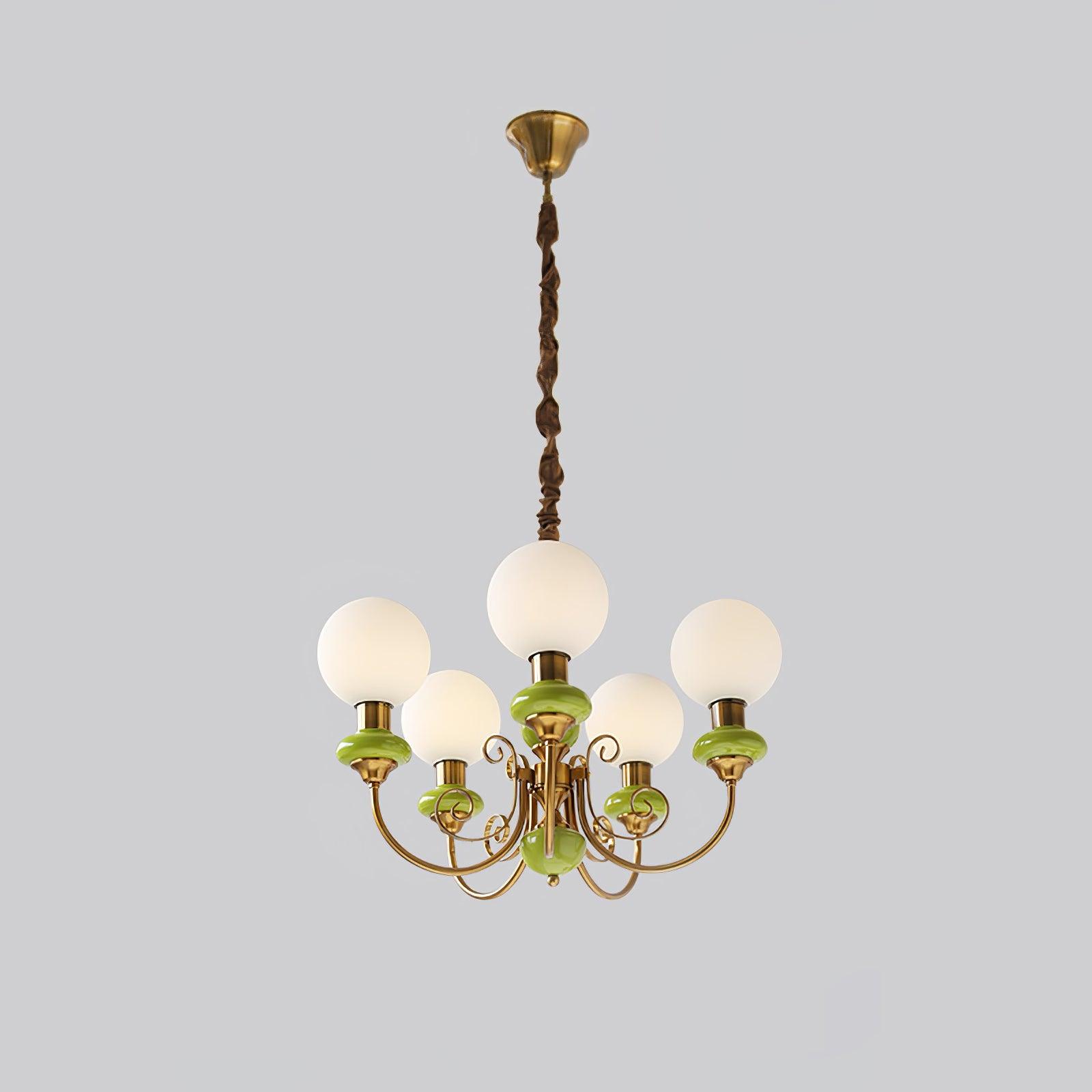 Lustra Chandelier Green Shades Gold Curved Arms - Neutral Decor
