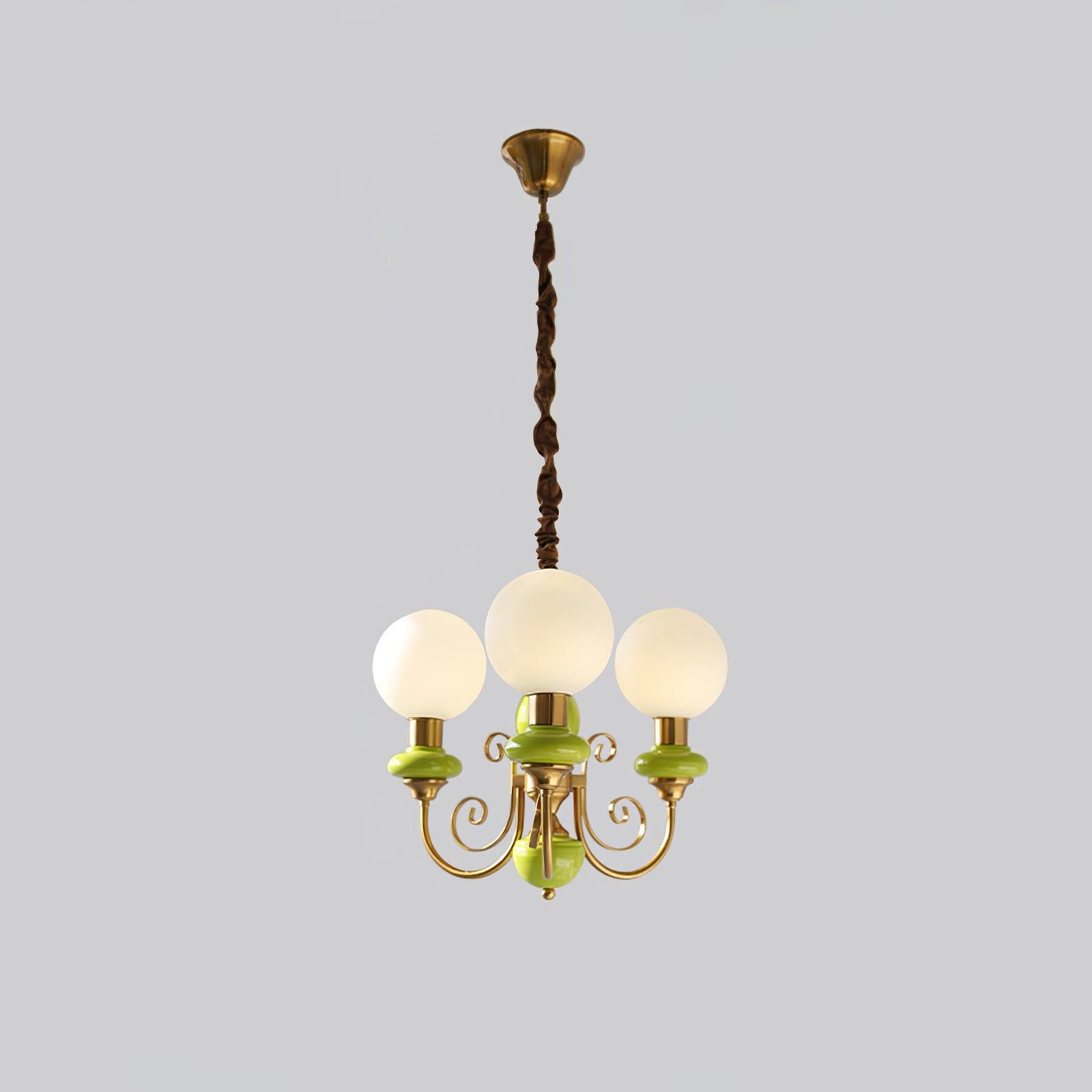 Lustra Chandelier Green Shades Gold Curved Arms - Neutral Decor