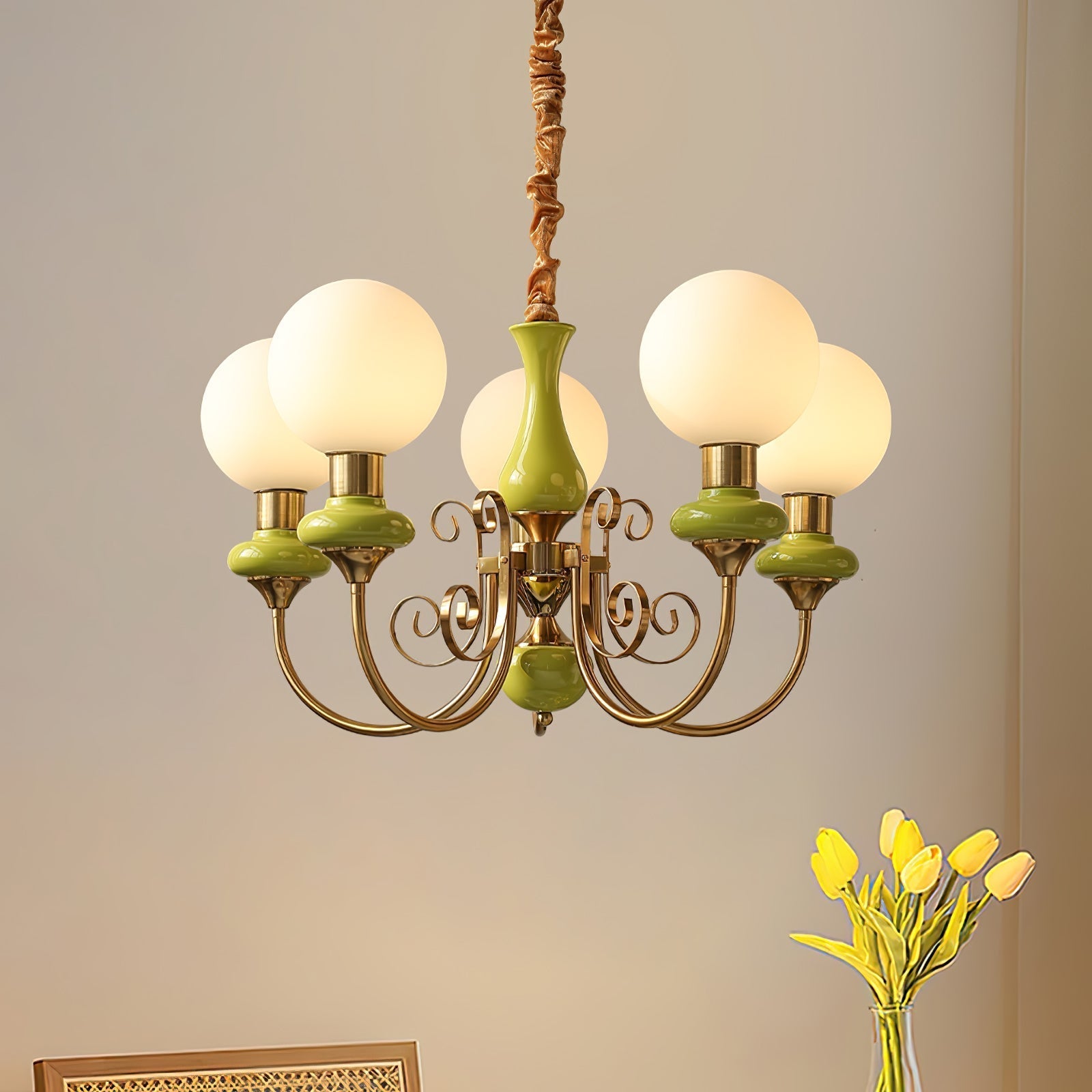 Lustra Chandelier Green Shades Gold Curved Arms - Neutral Decor