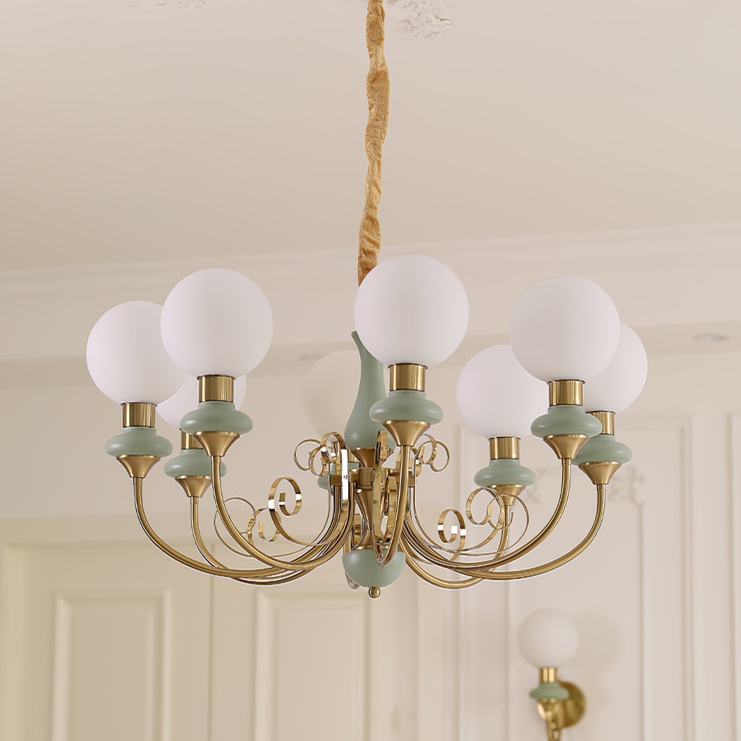 Lustra Chandelier Green Shades Gold Curved Arms - Neutral Decor