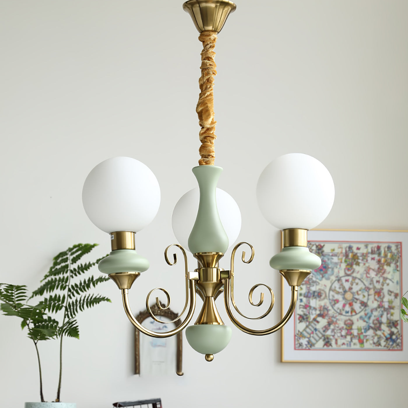 Lustra Chandelier Green Shades Gold Curved Arms - Neutral Decor