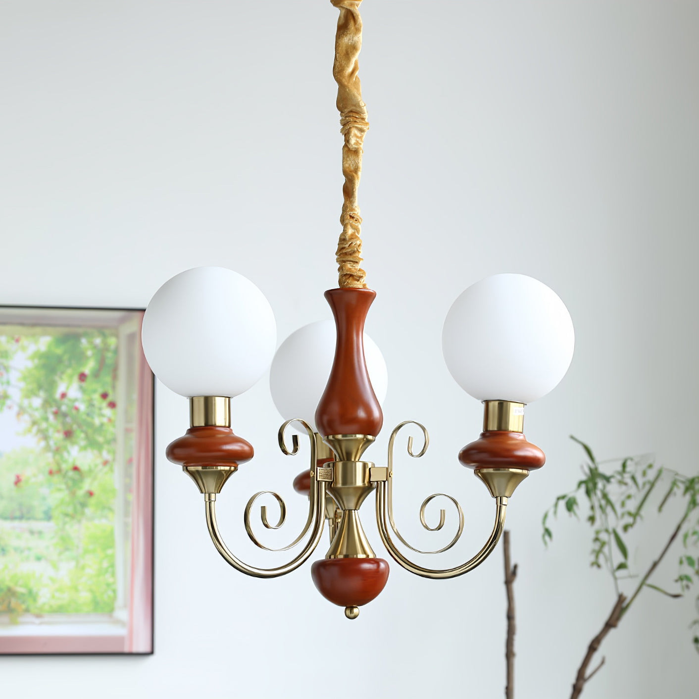 Lustra Chandelier Green Shades Gold Curved Arms - Neutral Decor