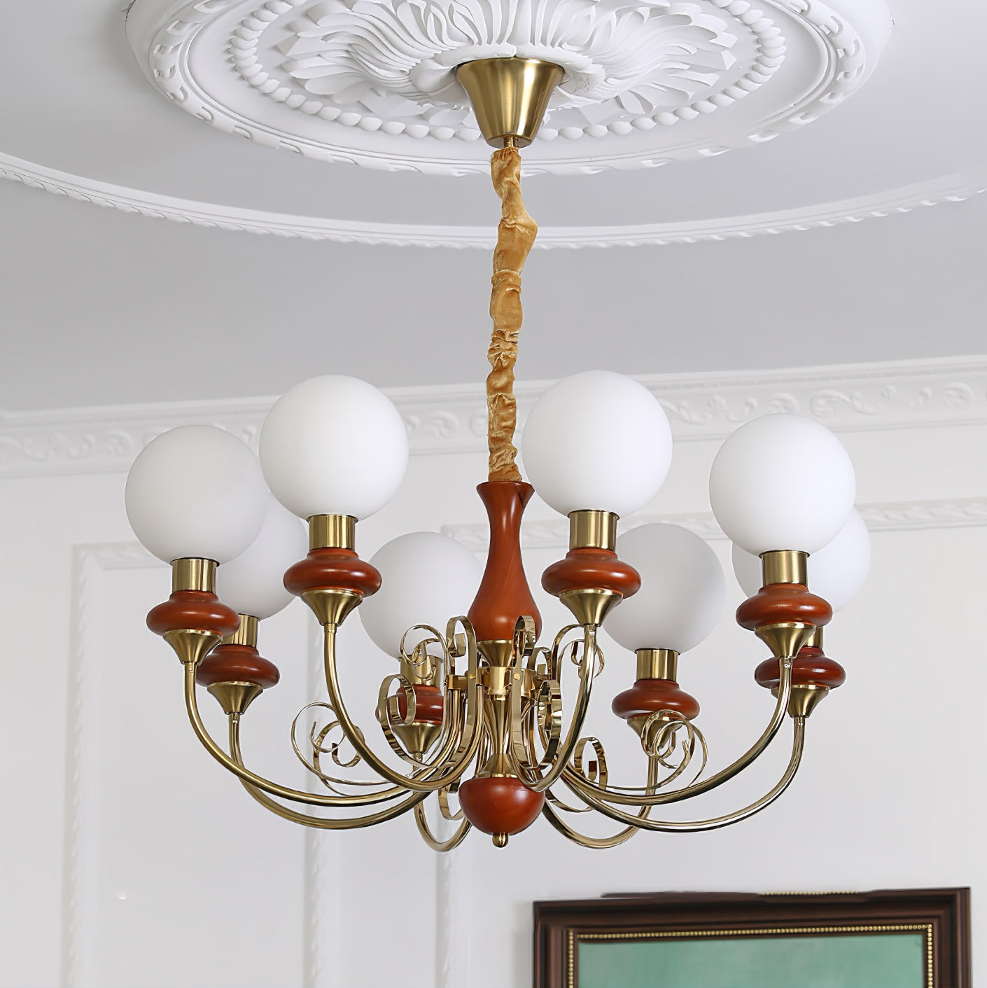 Lustra Chandelier Green Shades Gold Curved Arms - Neutral Decor