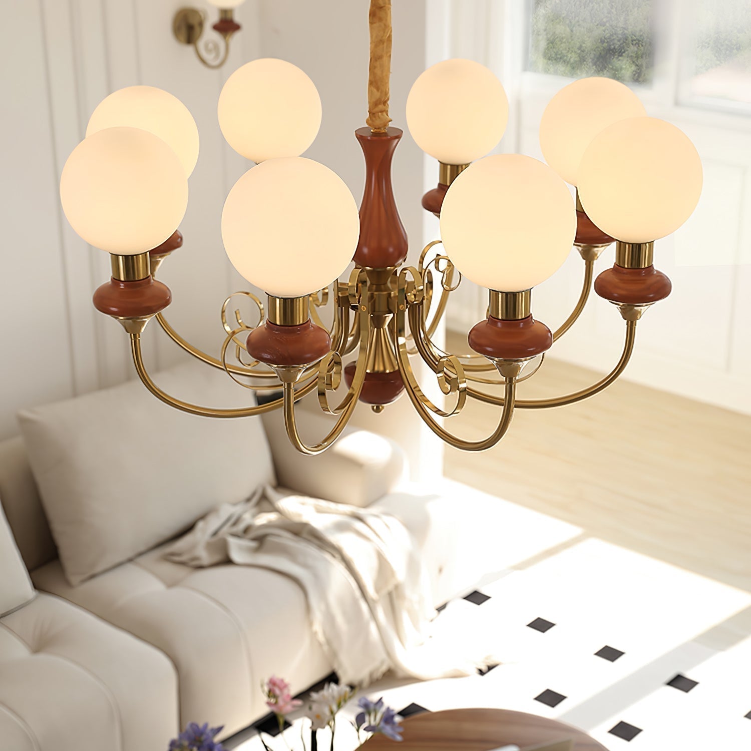 Lustra Chandelier Green Shades Gold Curved Arms - Neutral Decor