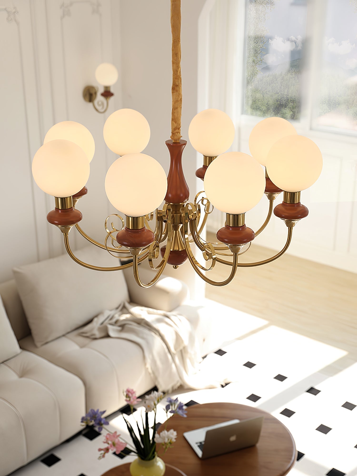 Lustra Chandelier Green Shades Gold Curved Arms - Neutral Decor