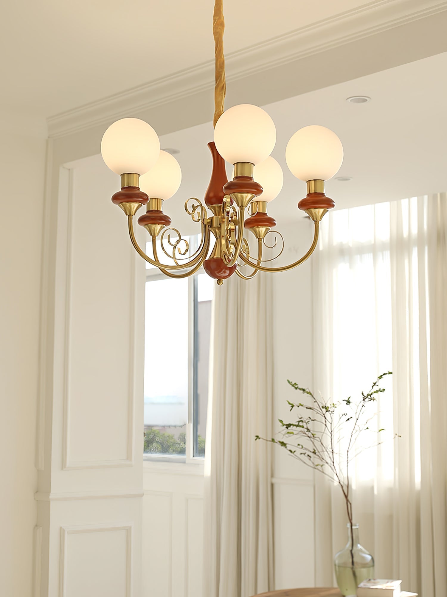 Lustra Chandelier Green Shades Gold Curved Arms - Neutral Decor
