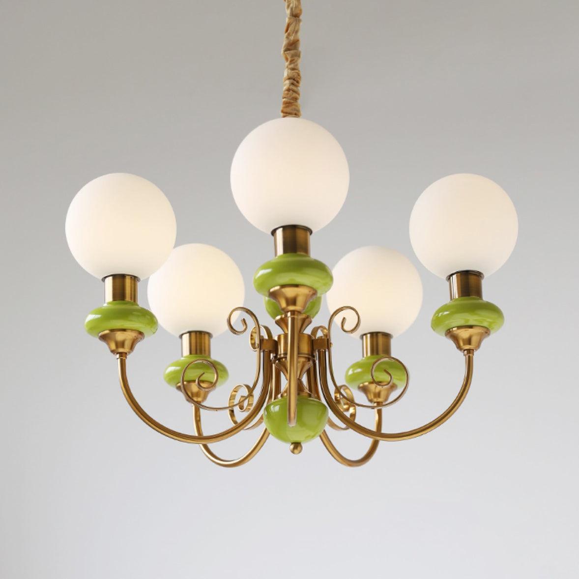 Lustra Chandelier Green Shades Gold Curved Arms - Neutral Decor