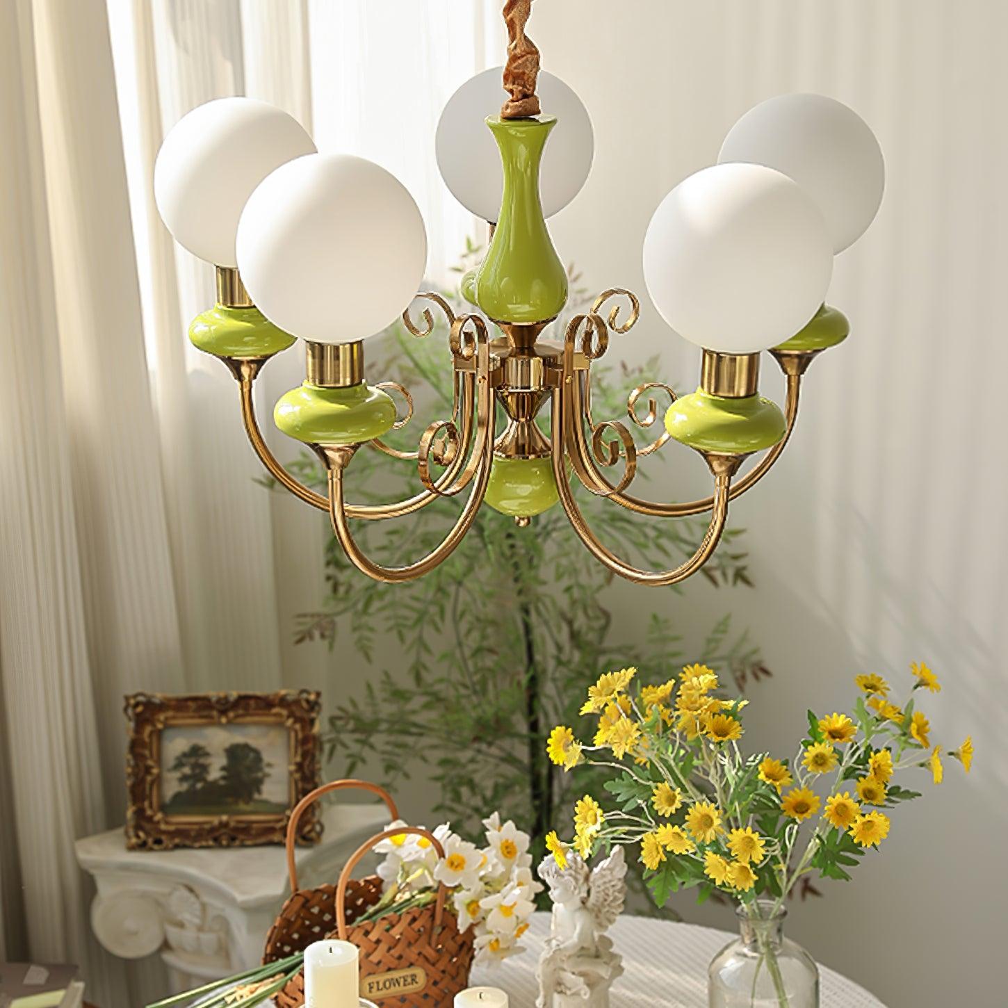 Lustra Chandelier Green Shades Gold Curved Arms - Neutral Decor