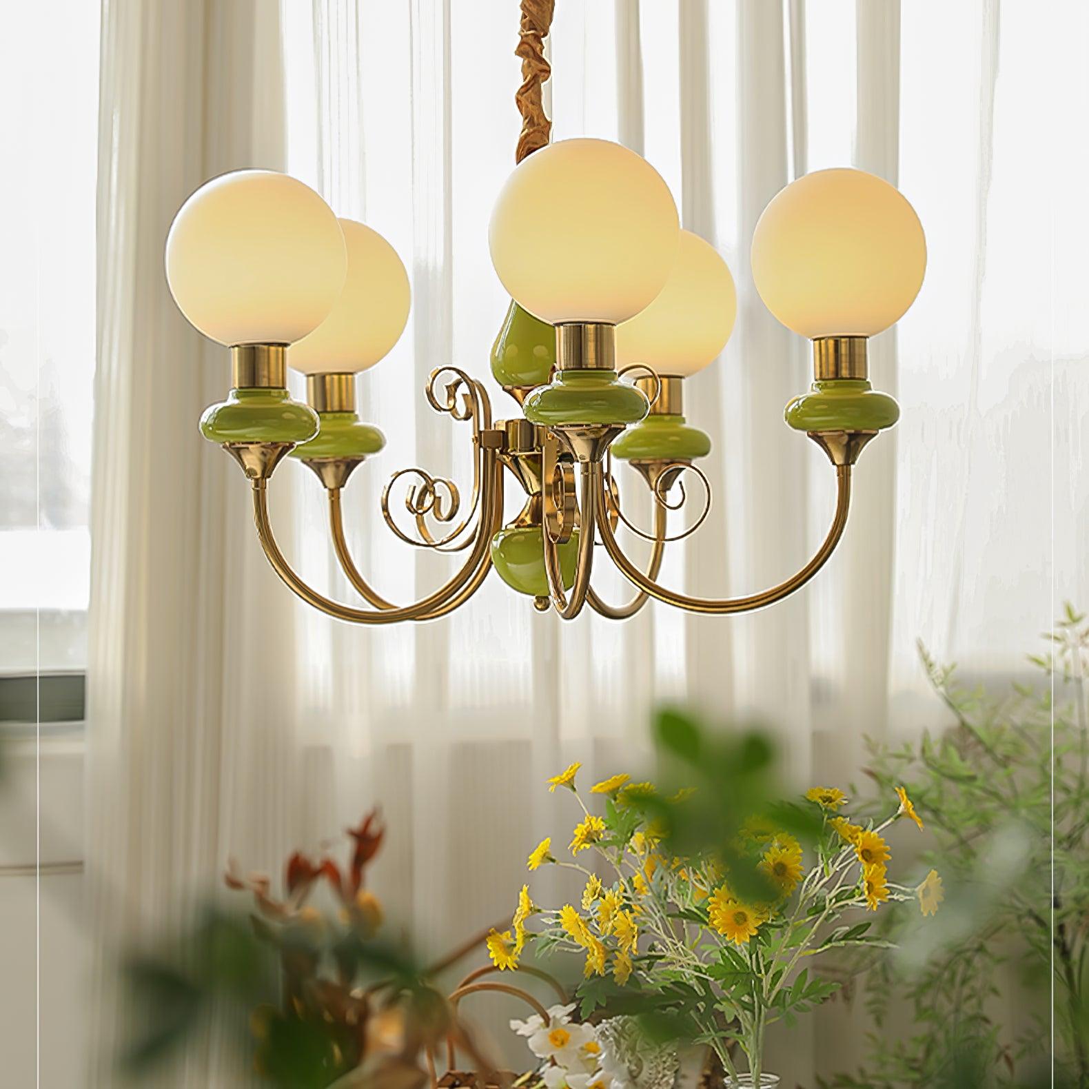 Lustra Chandelier Green Shades Gold Curved Arms - Neutral Decor