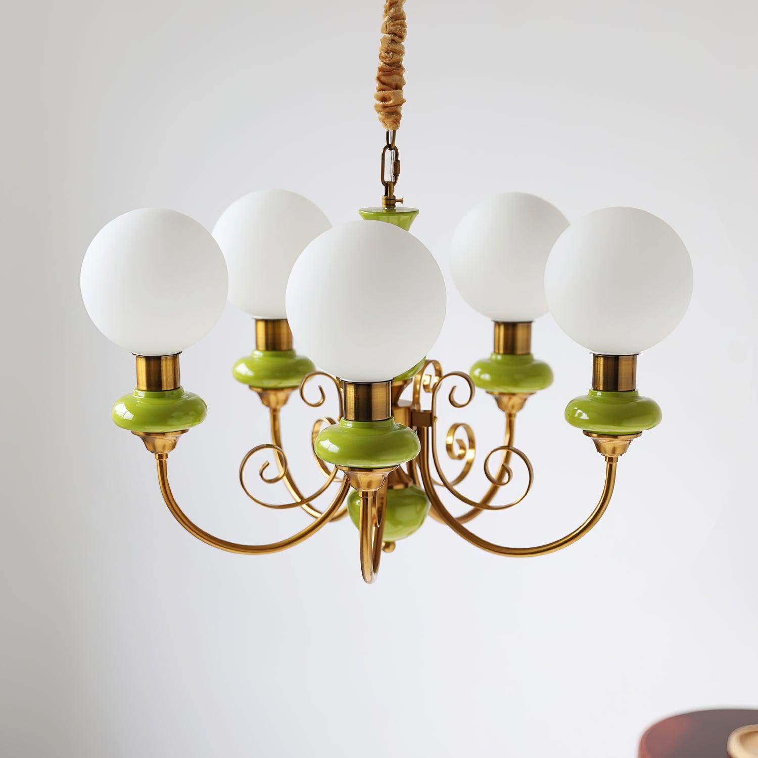 Lustra Chandelier Green Shades Gold Curved Arms - Neutral Decor