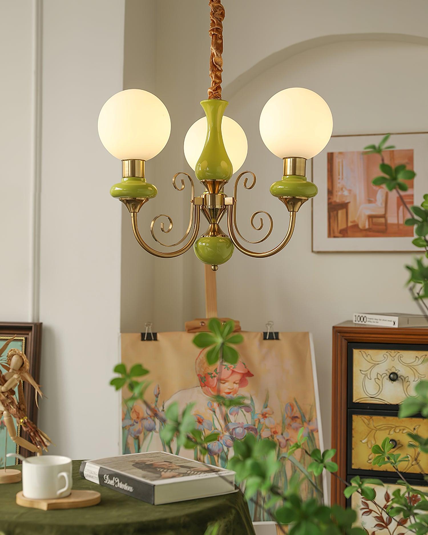 Lustra Chandelier Green Shades Gold Curved Arms - Neutral Decor