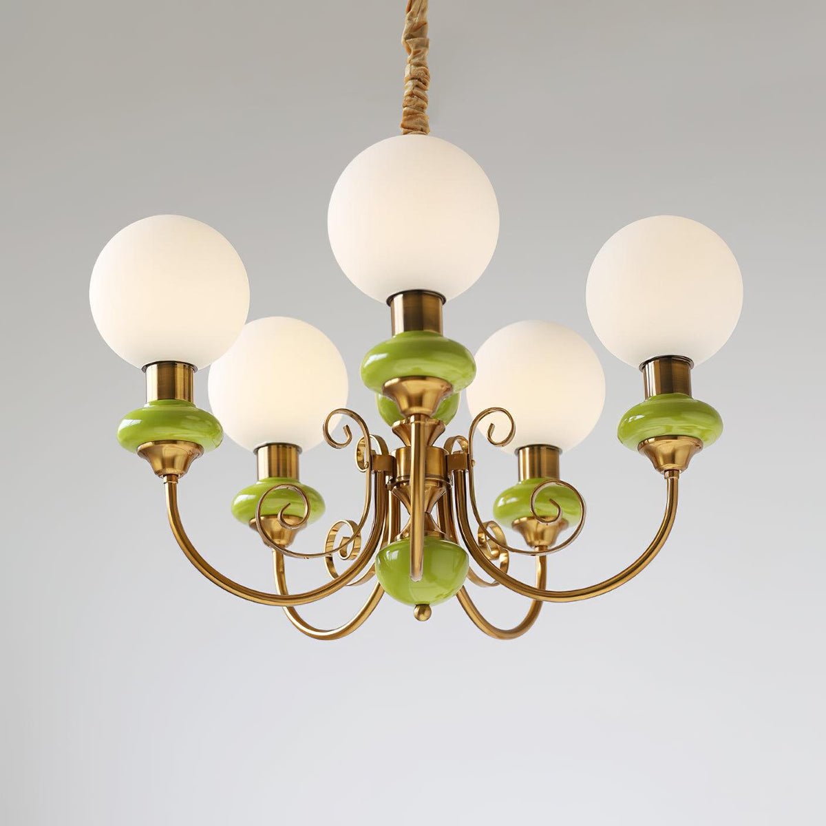 Aurorian Chandelier Green Shades Gold Curved Arms