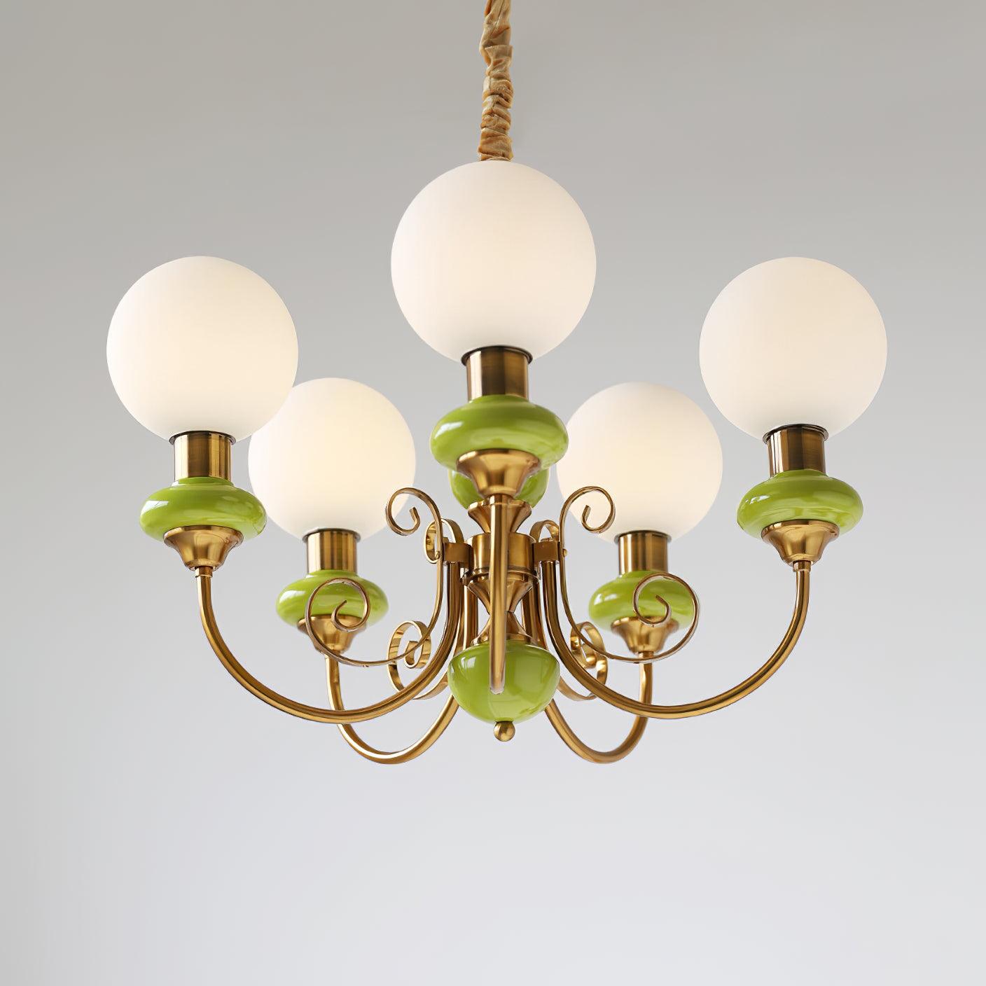 Lustra Chandelier Green Shades Gold Curved Arms - Neutral Decor