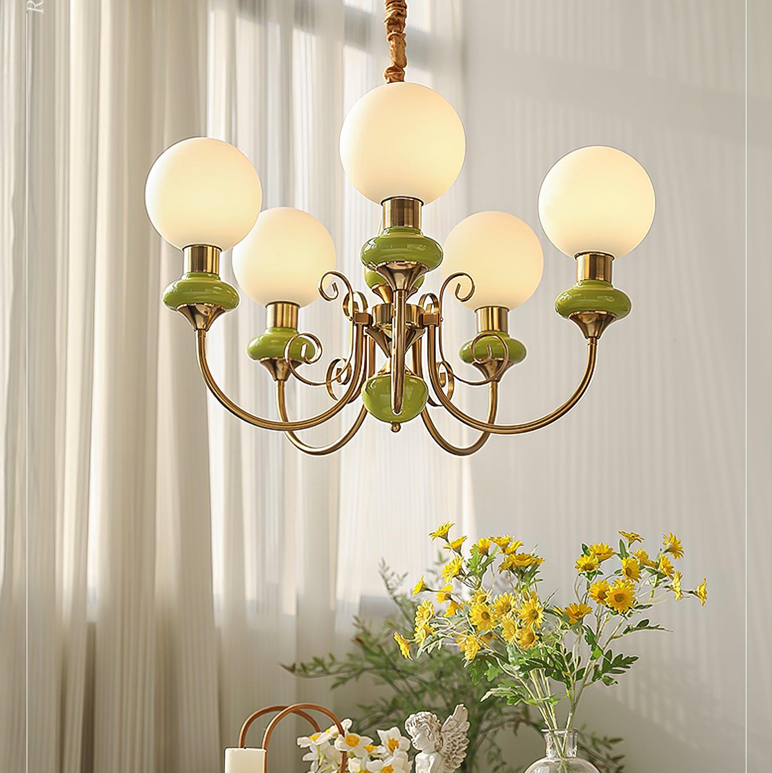 Lustra Chandelier Green Shades Gold Curved Arms - Neutral Decor