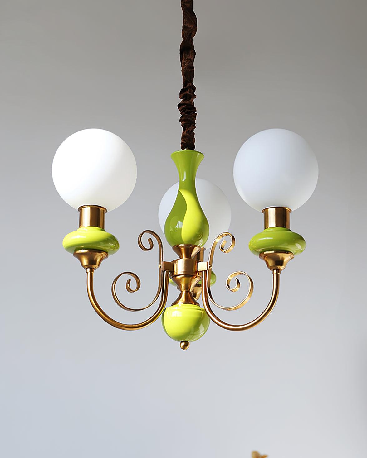 Lustra Chandelier Green Shades Gold Curved Arms - Neutral Decor