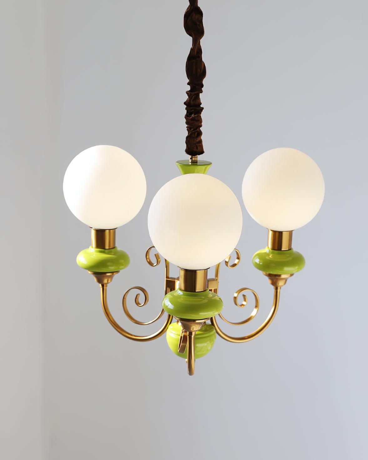 Lustra Chandelier Green Shades Gold Curved Arms - Neutral Decor