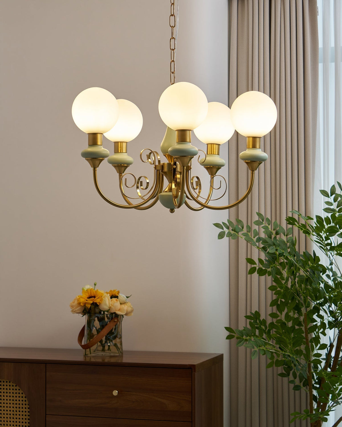 Aurorian Chandelier Green Shades Gold Curved Arms