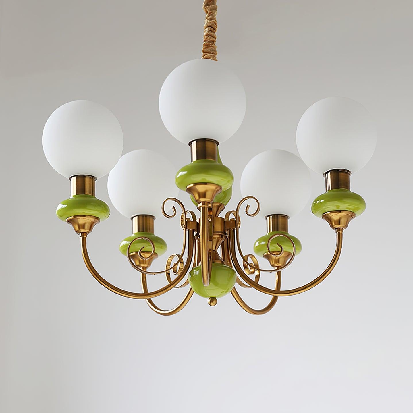 Lustra Chandelier Green Shades Gold Curved Arms - Neutral Decor