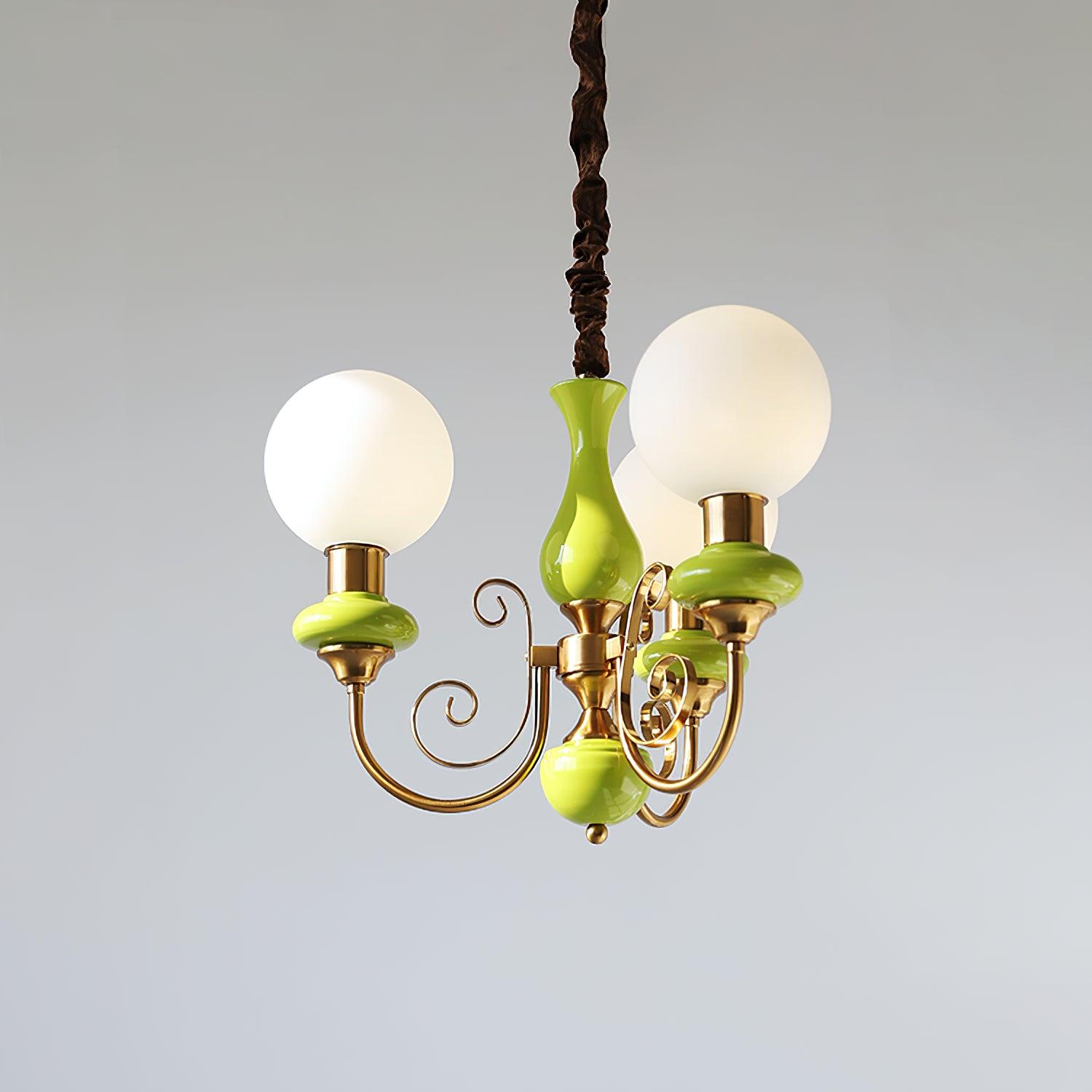 Lustra Chandelier Green Shades Gold Curved Arms - Neutral Decor