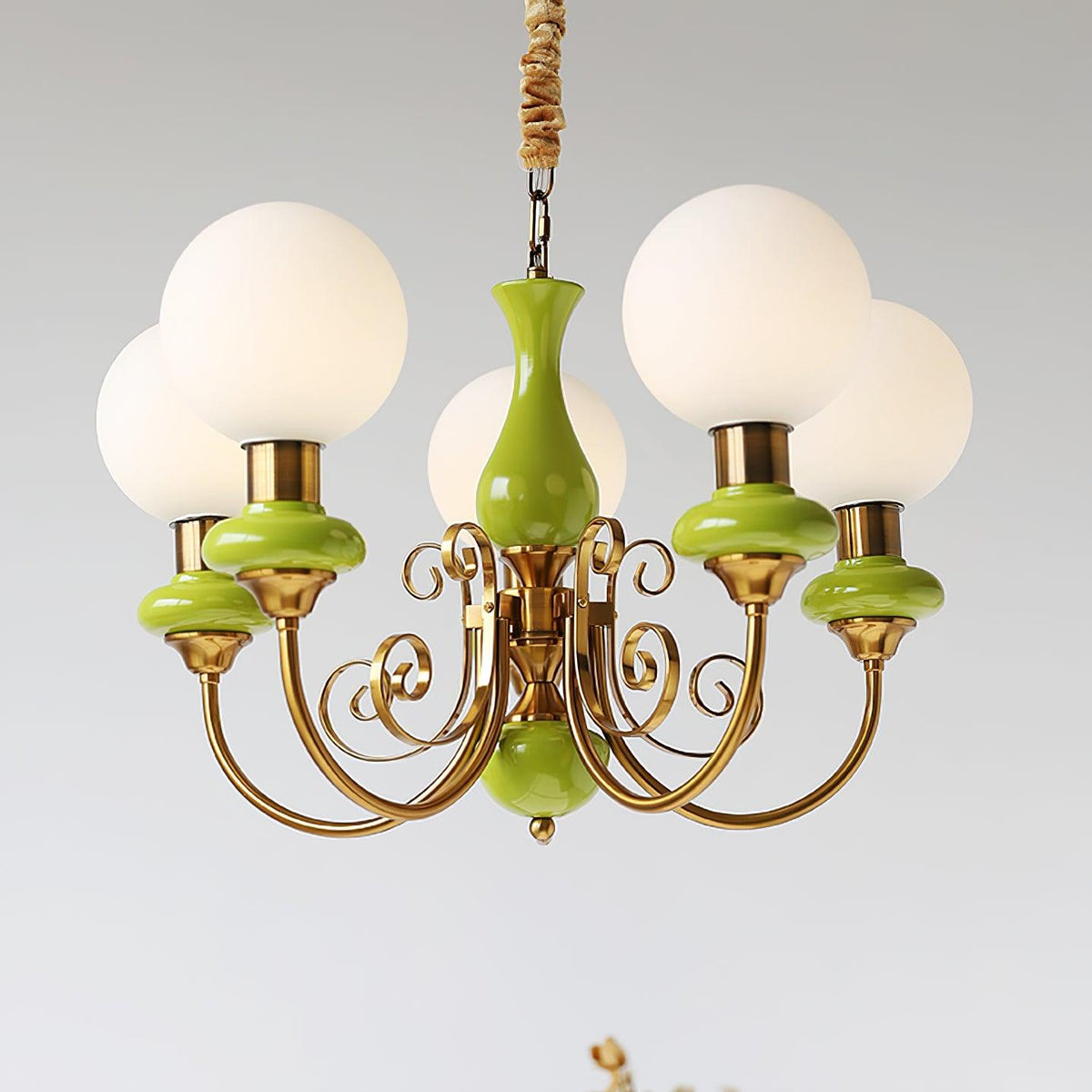 Aurorian Chandelier Green Shades Gold Curved Arms