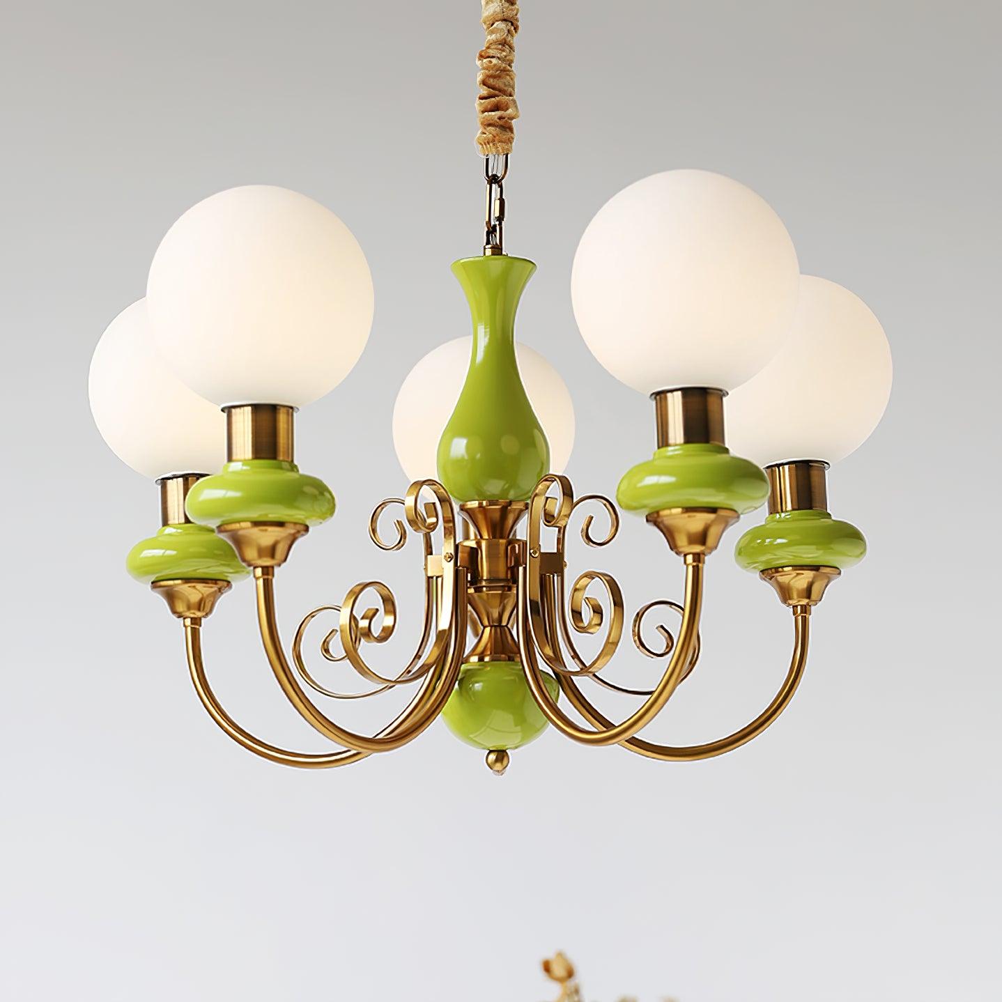 Lustra Chandelier Green Shades Gold Curved Arms - Neutral Decor