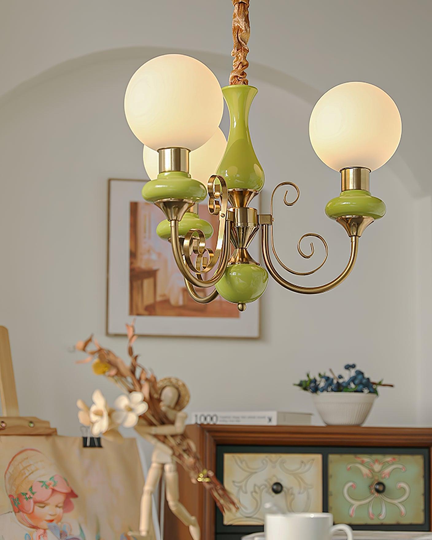 Lustra Chandelier Green Shades Gold Curved Arms - Neutral Decor