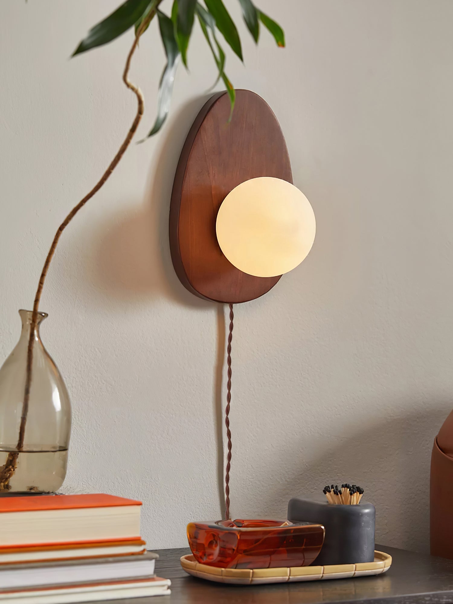 Nylaeiel Nordic Art Plug-in Walnut Glass Wood Wall Lamp