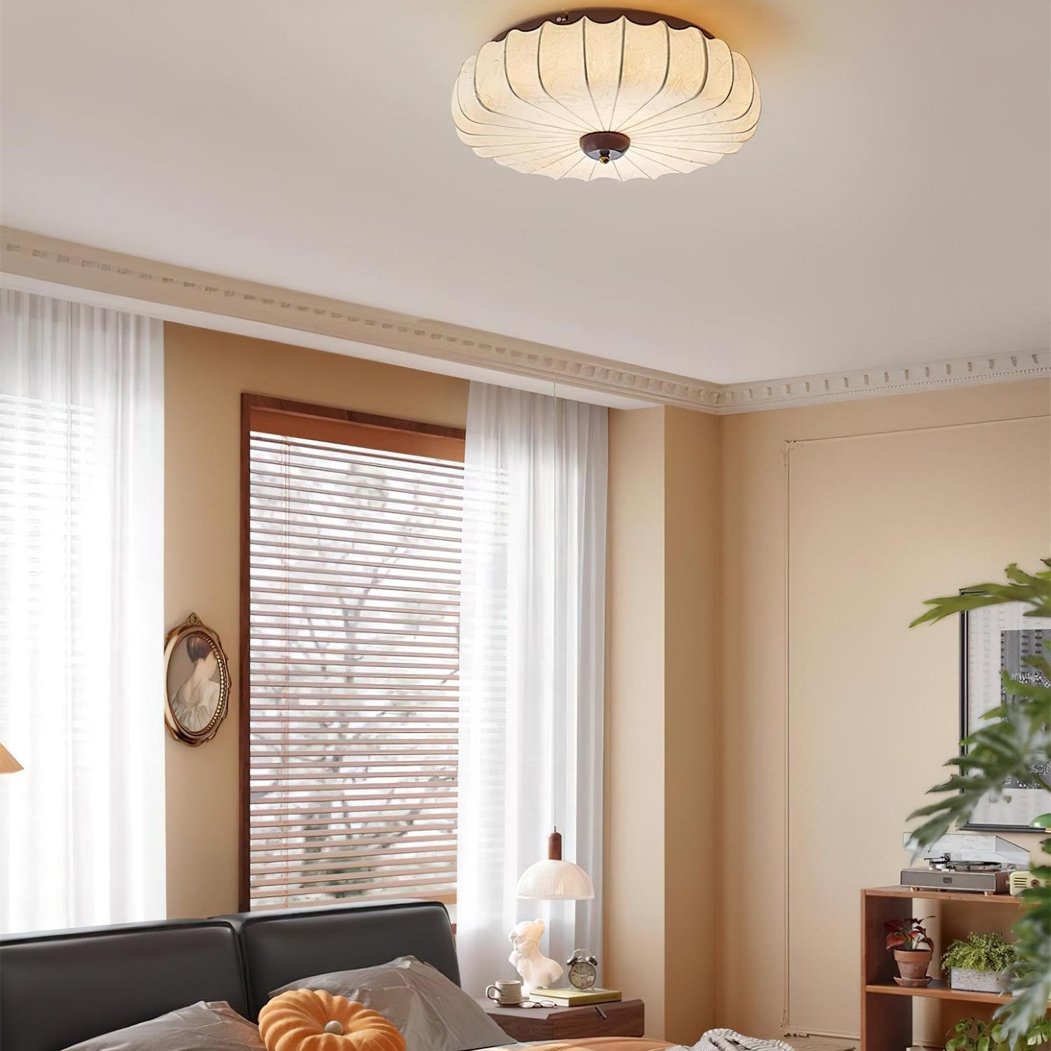 Ceiling Lamp Fabric Shade Pleated Lotus Shape Wooden Canopy - Neutral Decor