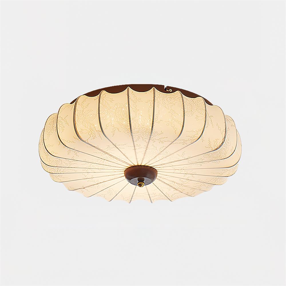 Ceiling Lamp Fabric Shade Pleated Lotus Shape Wooden Canopy - Neutral Decor