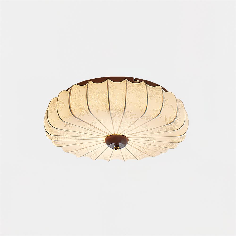Ceiling Lamp Fabric Shade Pleated Lotus Shape Wooden Canopy - Neutral Decor