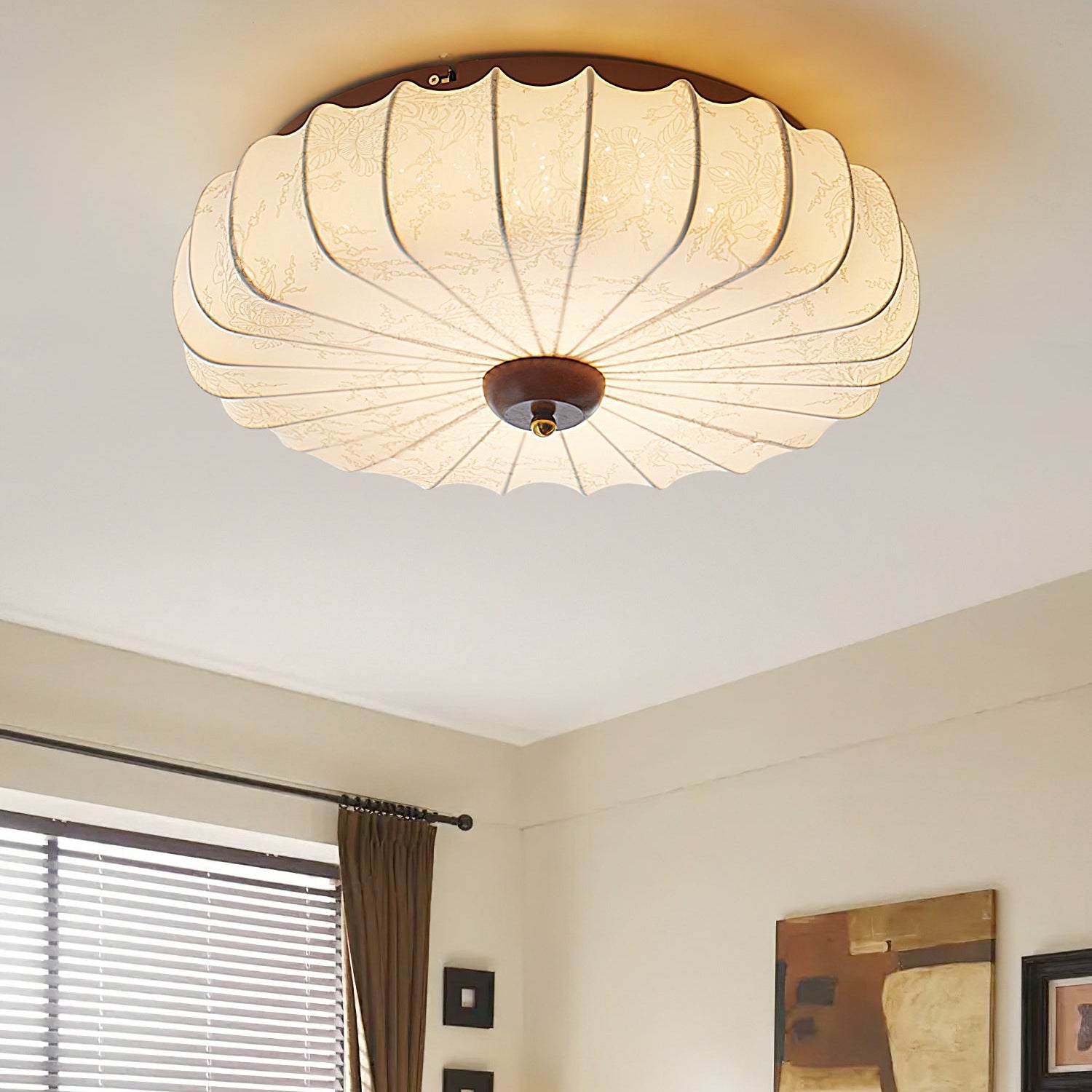 Ceiling Lamp Fabric Shade Pleated Lotus Shape Wooden Canopy - Neutral Decor