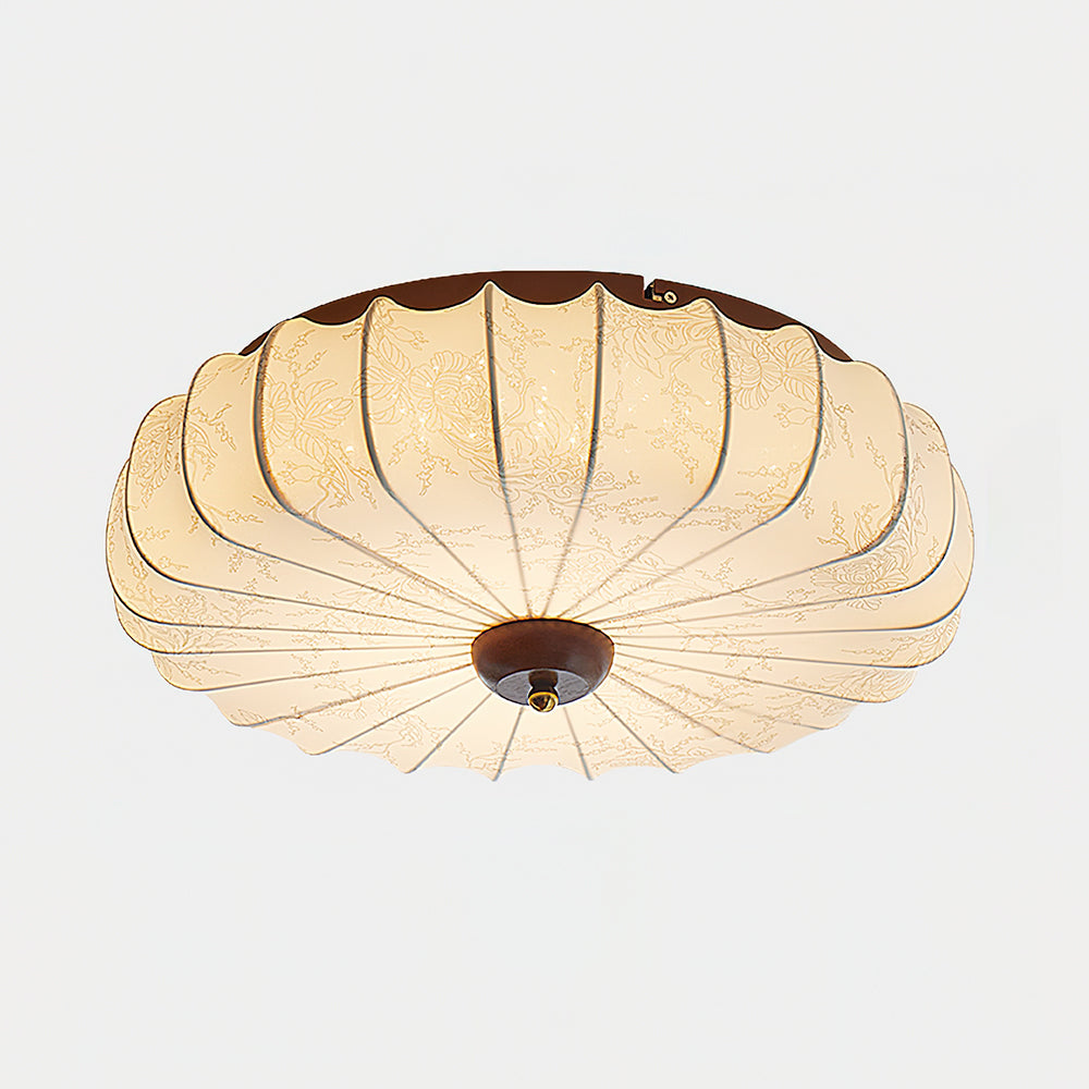 Ceiling Lamp Fabric Shade Pleated Lotus Shape Wooden Canopy - Neutral Decor