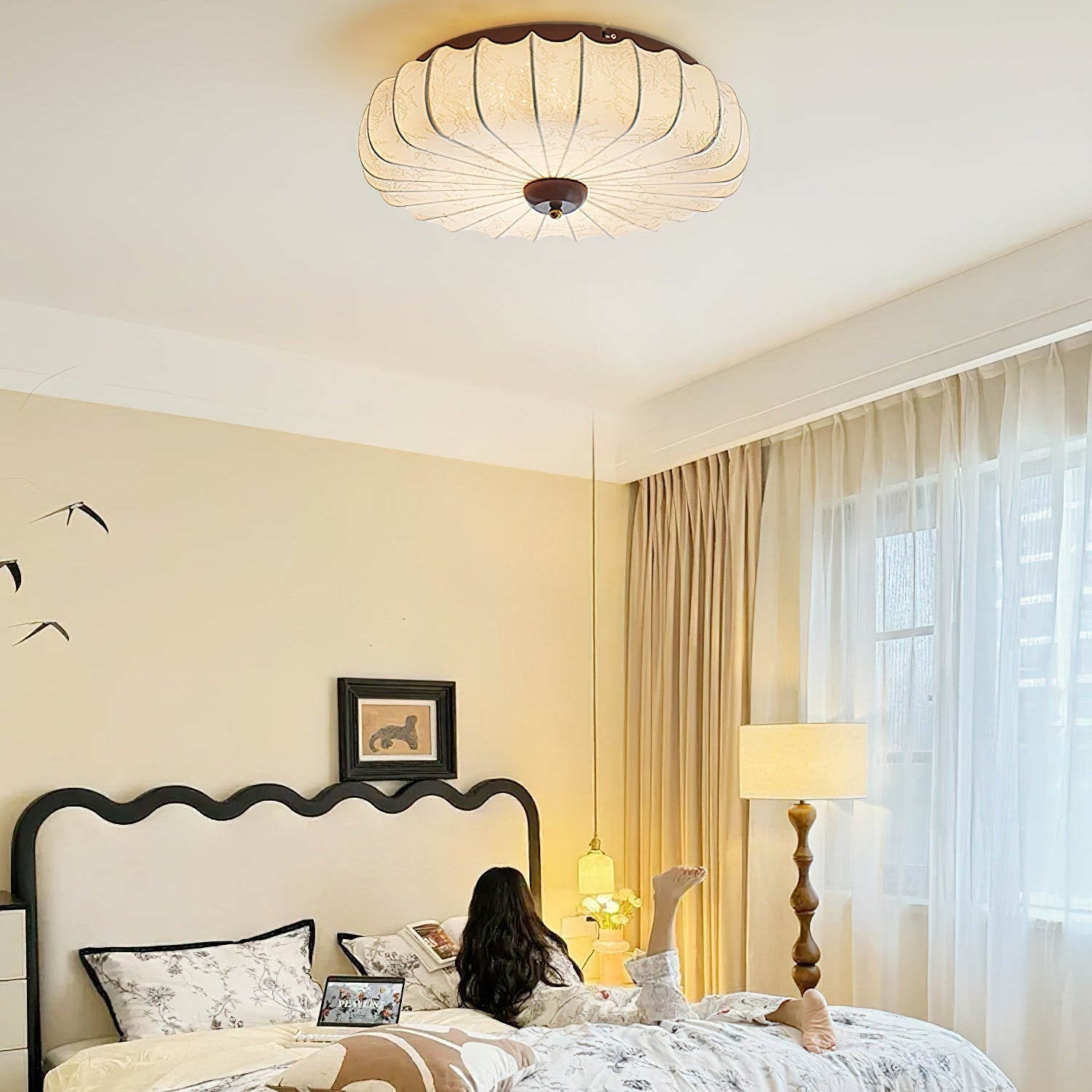 Ceiling Lamp Fabric Shade Pleated Lotus Shape Wooden Canopy - Neutral Decor