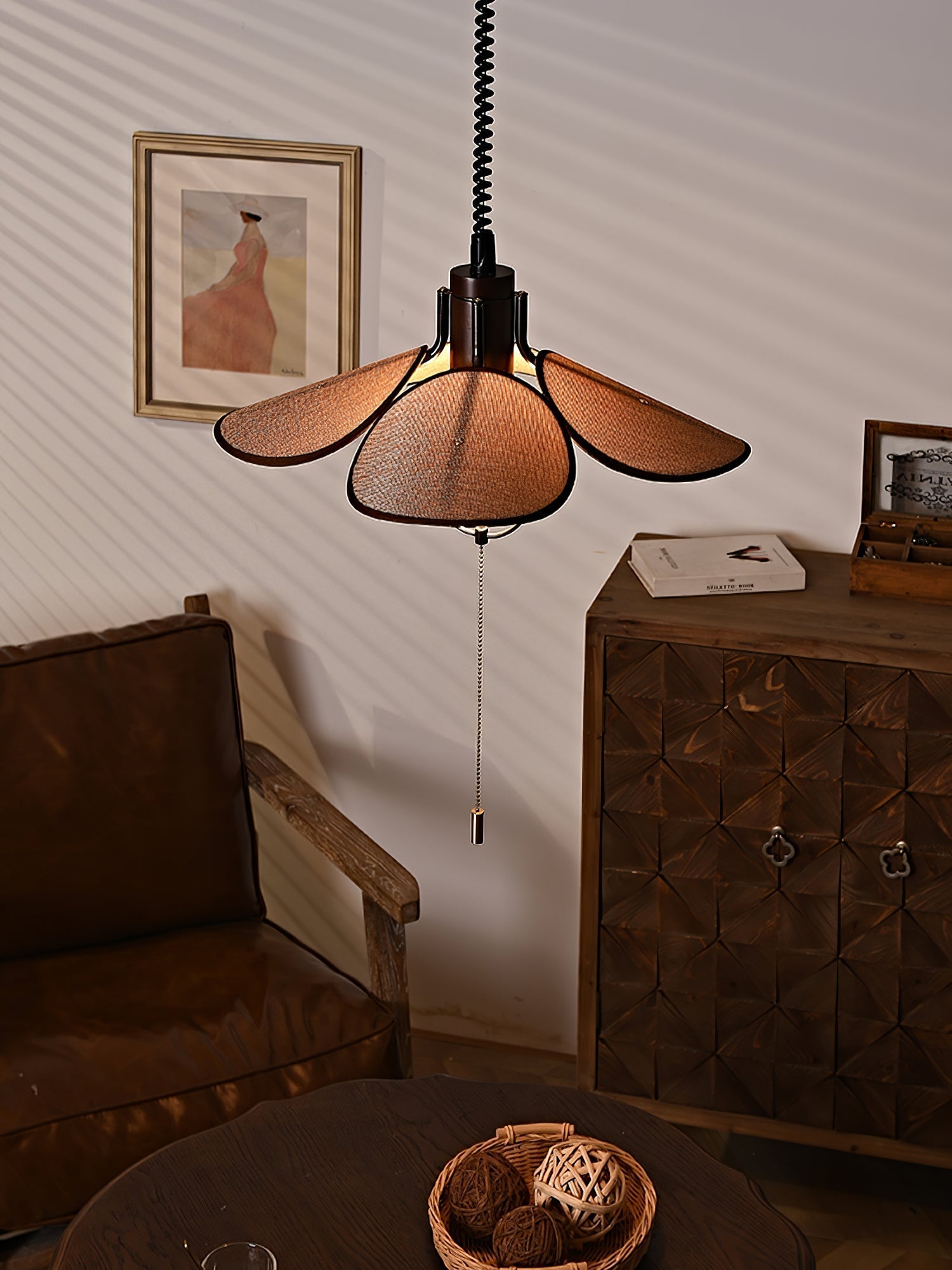 Utalion Traditional Petal Bloom Wood Fabric Pendant Light