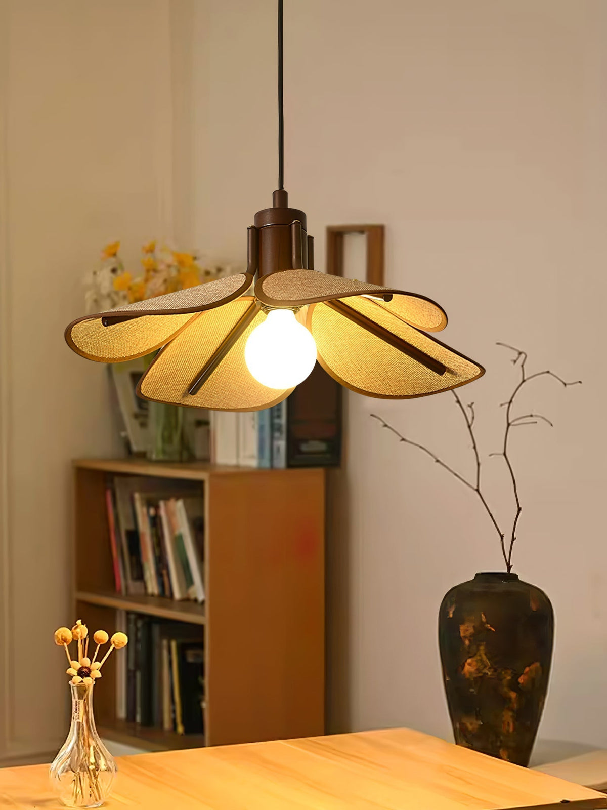 Utalion Traditional Petal Bloom Wood Fabric Pendant Light