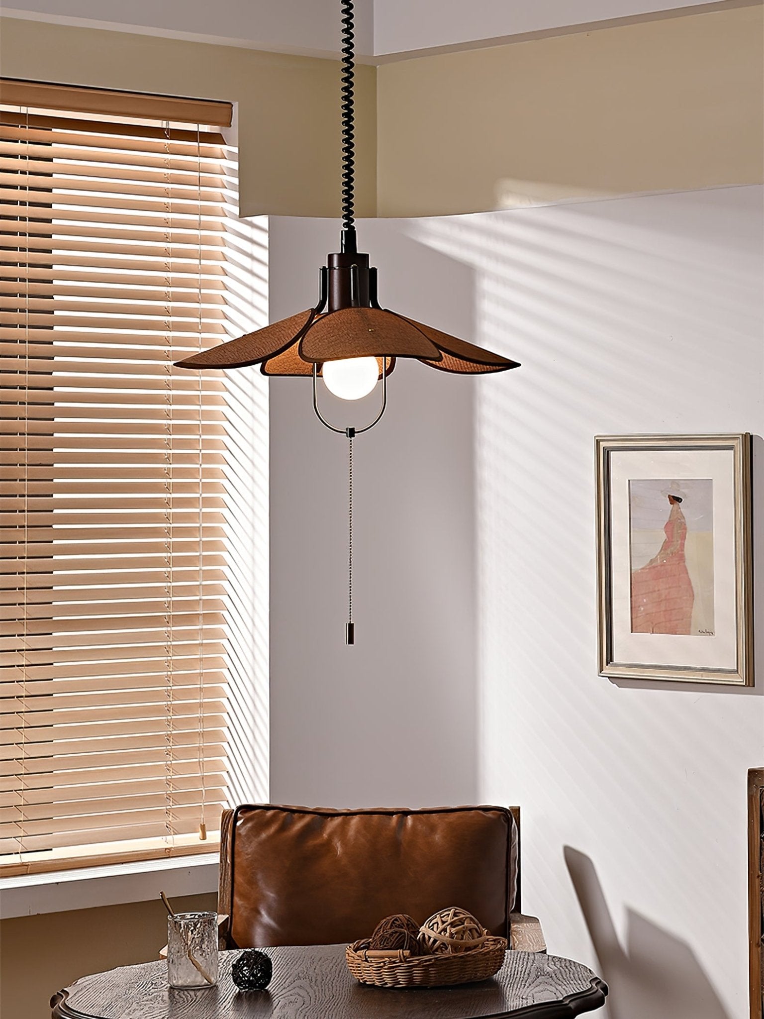 Utalion Traditional Petal Bloom Wood Fabric Pendant Light