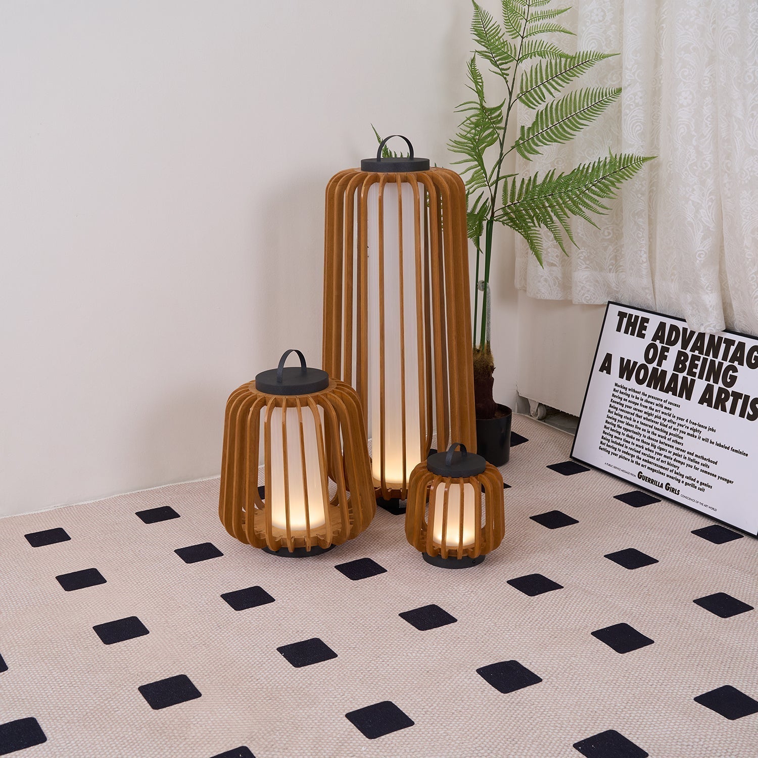 Elvelian Portable Rechargeable Wood Lantern Outdoor Light
