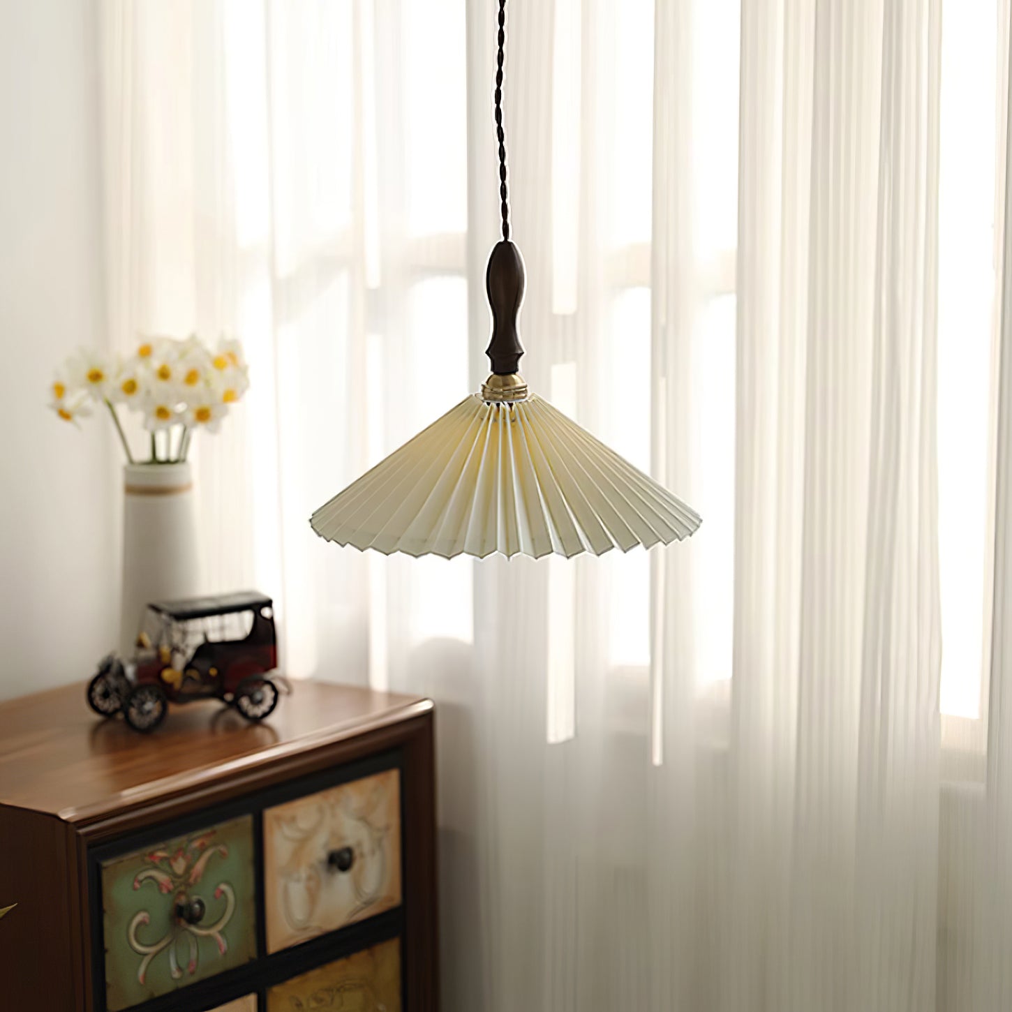 Eldora Pleated Shade Plug-In Pendant Light with Wooden Accent - Neutral Decor